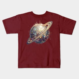 Retro Saturn Disco Ball Tee - Saturn Disco Ball T-Shirt: Cosmic Glam Kids T-Shirt